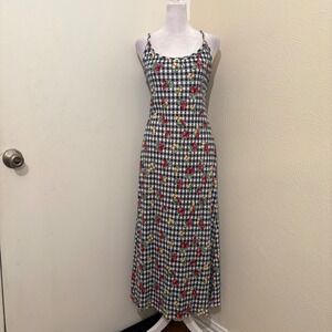 90s Blue Gingham Fruit Print Cherry Cotton Maxi Dress Vintage Picnic Fall Boho M